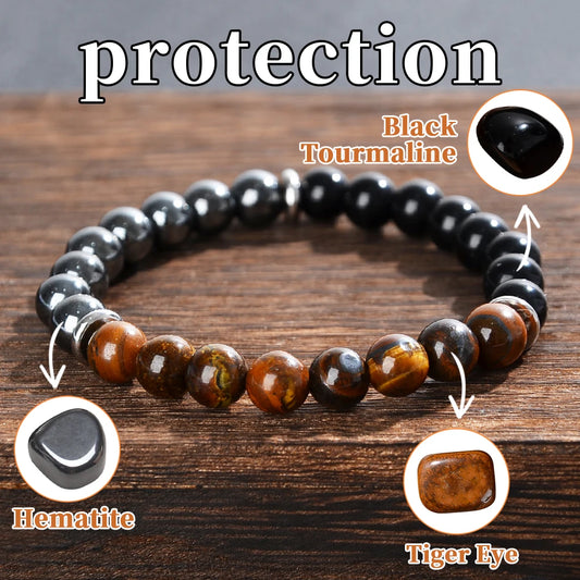 Protection Crystal Bracelet – Black Tourmaline, Tiger Eye & Hematite